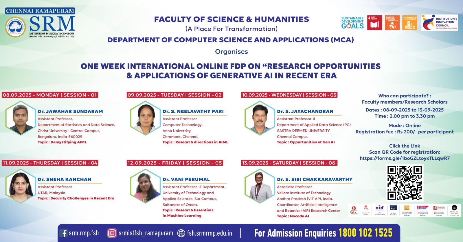 SRM Ramapuram MCA One-Week International Online FDP on Generative AI research and applications.