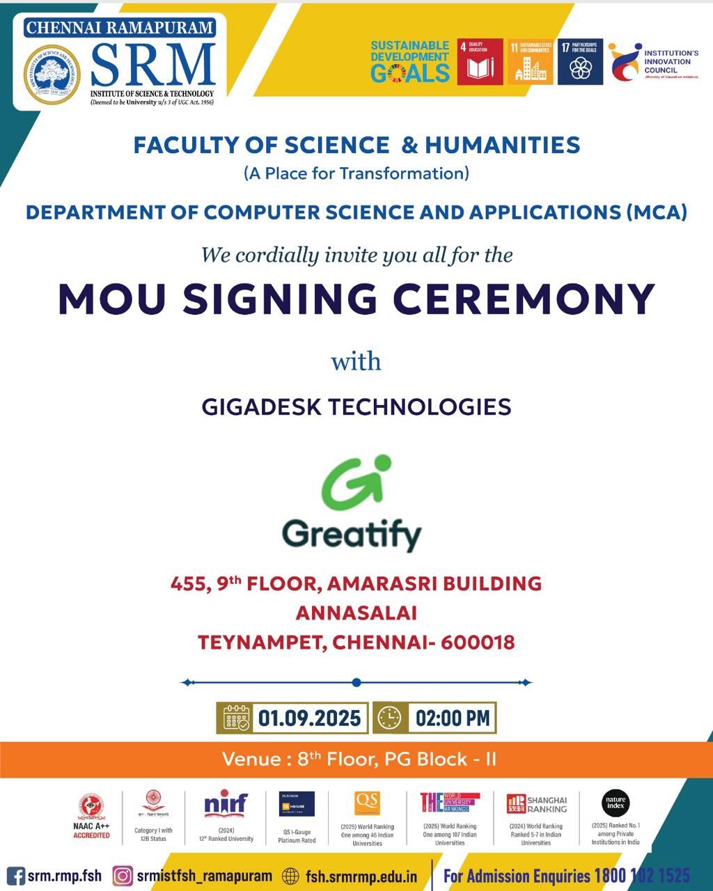 SRM Ramapuram MCA MoU signing ceremony with Gigadesk Technologies (Greatify) in 2025.