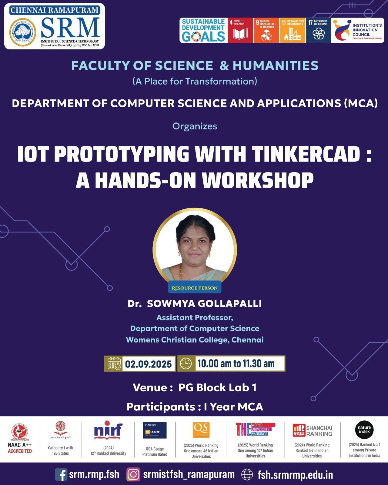 SRM Ramapuram MCA hands-on workshop on IoT prototyping with Tinkercad.