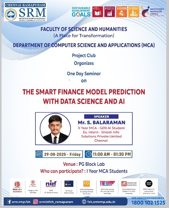 SRM Ramapuram MCA seminar on Smart Finance Model Prediction with Data Science and AI.