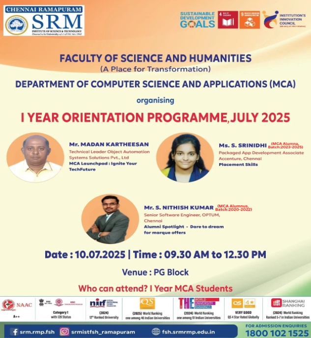 SRM Ramapuram MCA I Year Orientation Programme 2025 featuring industry experts and alumni sharing career guidance and placement insights for first-year MCA students.