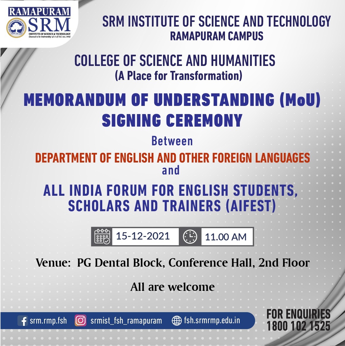 MoU signing ceremony between SRM Department of English and AIFEST.