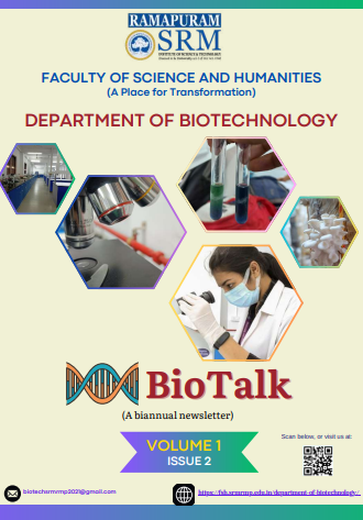 BioTalk biotechnology department newsletter cover featuring laboratory research activities, scientific equipment, and biotechnology students at SRM Faculty of Science and Humanities.