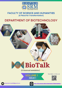 BioTalk biotechnology department newsletter cover page featuring laboratory research and biotechnology students at SRM Faculty of Science and Humanities.