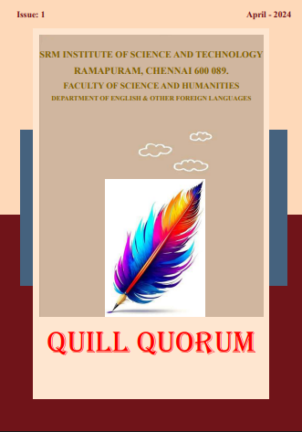 QUILL QUORUM magazine cover featuring a colorful feather illustration by the Department of English and Other Foreign Languages.