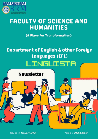 LINGUISTA newsletter cover by the Department of English and Other Foreign Languages featuring illustrated teamwork artwork.