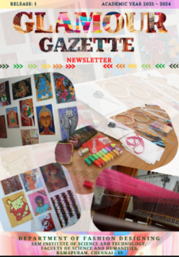 Fashion Designing Department Glamour Gazette newsletter cover showcasing student artwork, fashion illustrations, textile crafts, and creative design projects.