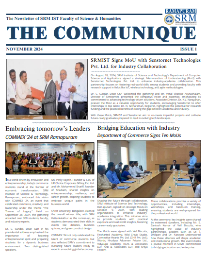 THE COMMUNIQUE newsletter cover featuring SRM Faculty of Science and Humanities events and MoU collaborations.